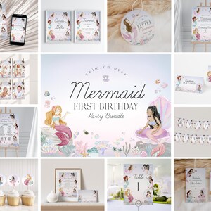 Mermaid First Birthday Party Bundle Printable Template, enchanted under the sea 1st birthday for girl