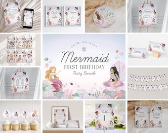 May include: A collection of mermaid-themed party supplies, including invitations, signs, cupcake toppers, and banners. The designs feature illustrations of mermaids in pastel colors, with text that reads "Mermaid First Birthday Party Bundle."