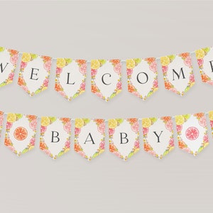 Zitrus Blumen Baby Shower Banner druckbare Vorlage, kleine süße Baby Sprinkle für Sommer-Babyparty, geschlechtsneutrale Florida Dusche Dekor