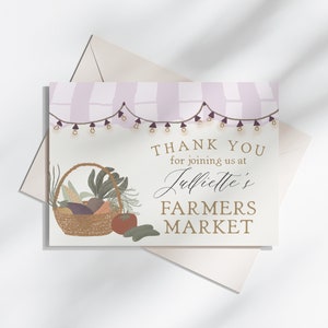 Modèle imprimable de carte de remerciement rose Farmers Market, fait maison, fête d'anniversaire à la ferme pour baby shower fille, décoration de fête cultivée localement