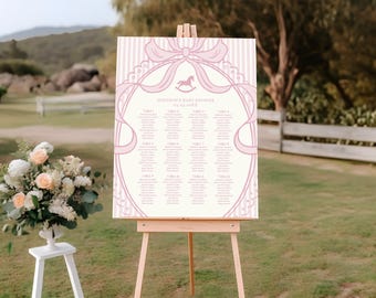 Pink Coquette Bow Rocking Horse Seating Chart Poster Template, Striped Preppy Baby Shower, Classic First Birthday Party WP1094