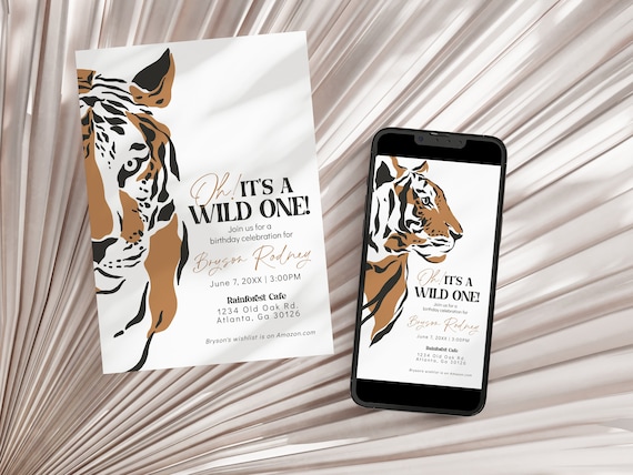Jungle Siberian Tiger Birthday Invitation Template, adventure awaits birthday party, birthday invite, safari boy first birthday party invite