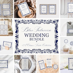 Blue Talavera Wedding Decor Printable Template Bundle, Spanish Tile Mexican Wedding Fiesta, Papel Picado Wedding WP1018