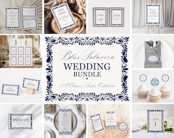 Blue Talavera Wedding Decor Printable Template Bundle, Spanish Tile Mexican Wedding Fiesta, Papel Picado Wedding WP1018