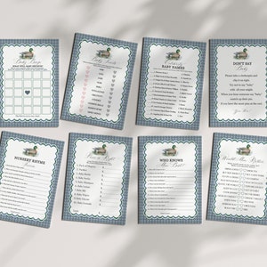 Mallard Baby Shower Games Printable Templates, Editable Lucky Duck Baby Shower Decor for Boy Adventure Duck Hunting Shower with Blue Gingham