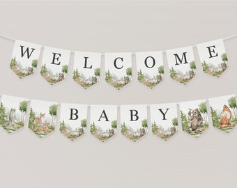 May include: A white banner with a woodland theme, featuring a watercolor illustration of animals and trees. The banner reads "WELCOME BABY" in black letters.