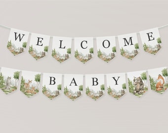 Plantilla imprimible de banner de baby shower de animales del bosque, banderín de baby shower amaderado, signo de bebé de banner neutral de género de criaturas del bosque