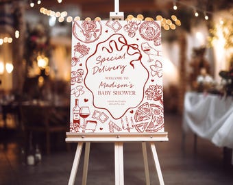 Plantilla imprimible de cartel de bienvenida para baby shower con temática de pasta roja, entrega especial Ciao Baby Sprinkle, pasta italiana y chupetes WP1085