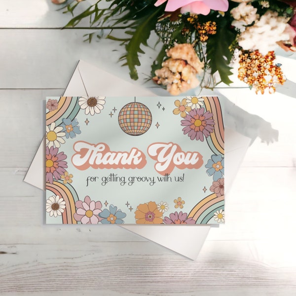 Groovy Floral Thank You Card Printable, instant download 70s theme retro birthday or baby shower for girl hippie thank you card hippie party