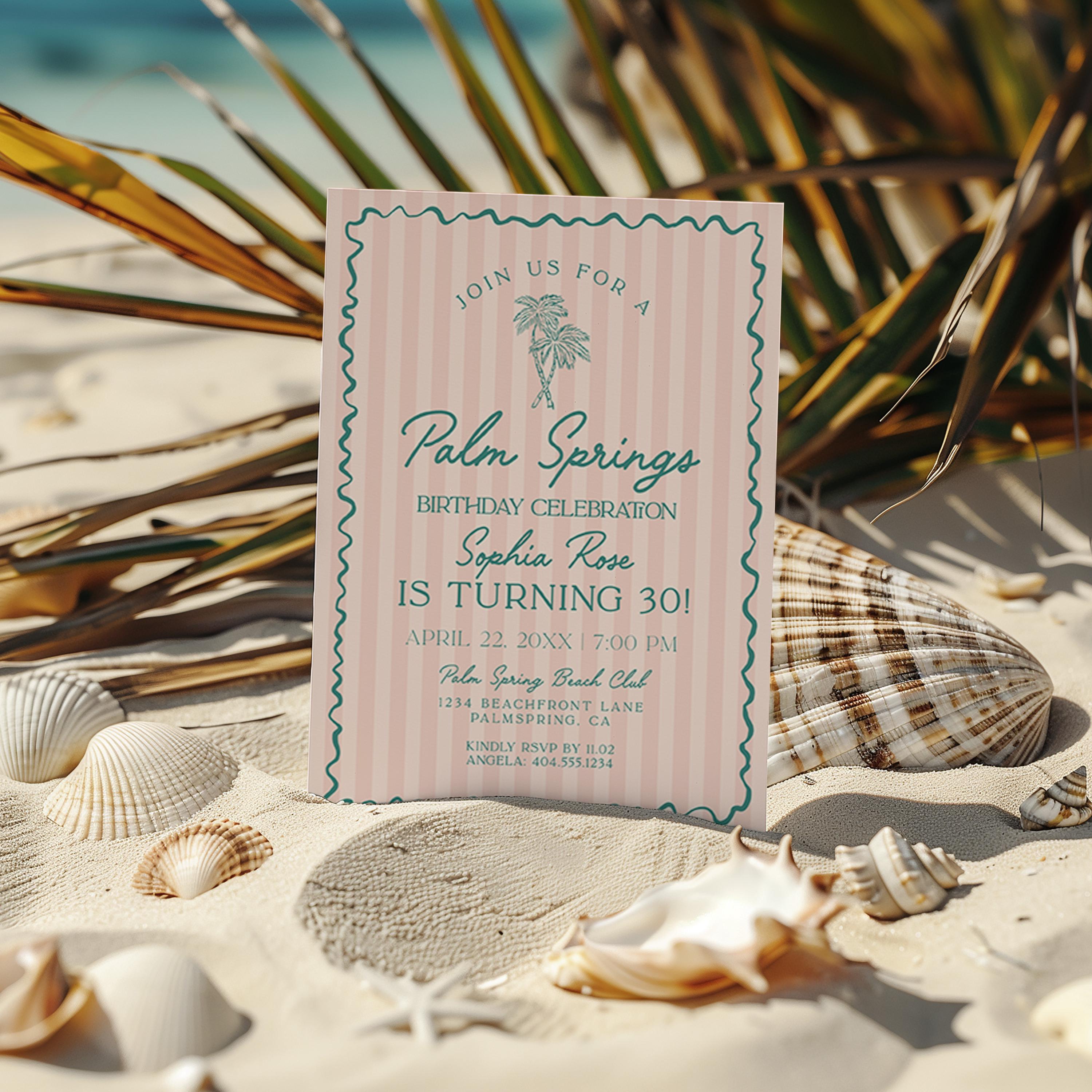 Pink Palm Springs Birthday Invitation Template, Vintage Palm Tree Beach Cabana Birthday Pool Party, Retro Tropical Pastel Party WP1046
