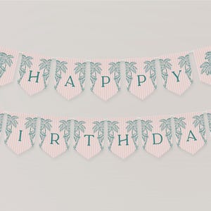 Rosa Palm Springs Geburtstagsbanner Vorlage, Vintage Palme Strand Cabana Geburtstag Pool Party, Retro Tropisches Pastell Party Dekor Whg