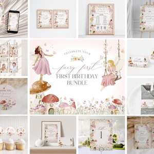 Fairy First Birthday Party Bundle Printable Template, enchanted garden fairytale girl birthday, magical fairy tea party boho woodland fairy