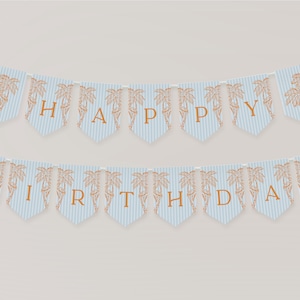 Blau Palm Springs Geburtstagsbanner Vorlage, Vintage Palme Strand Cabana Geburtstag Pool Party, Retro Tropisches Pastell Party Dekor WS1048