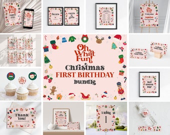 以下が含まれることがあります： クリスマスのテーマの1歳の誕生日パーティーの装飾品のコレクション。このバンドルには、招待状、看板、カップケーキトッパー、テーブルセッティングが含まれています。デザインは、お祝いのイラストと「Oh What Fun! Christmas First Birthday」のテキストが特徴です。