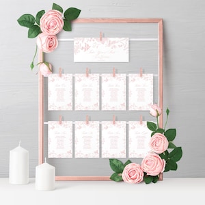 Plantilla imprimible para tarjetas de asientos de boda con motivos de Toile de Jouy rosa, brunch nupcial con motivos chinos de flores silvestres, boda francesa, Love in Bloom WP1011
