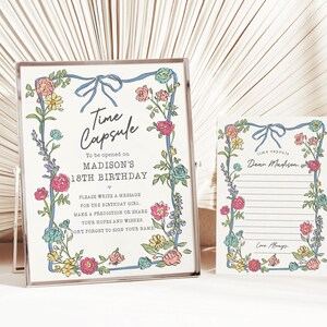 Modelo de cápsula do tempo para festa no jardim de verão, festa de aniversário de 1 ano com flores brilhantes para menina coquete, buquê de flores silvestres de verão, rabisco WP1058