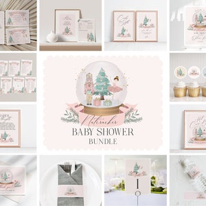 Pastel Pink Nutcracker Baby Shower Bundle Printable, instant download christmas winter wonderland girl baby shower sugar plum holiday shower