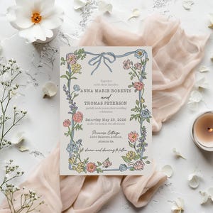 Plantilla de invitación de boda para fiesta en el jardín de primavera, decoración floral pastel con el amor en flor, ramo de flores silvestres de verano coqueto WP1057 imagen 5