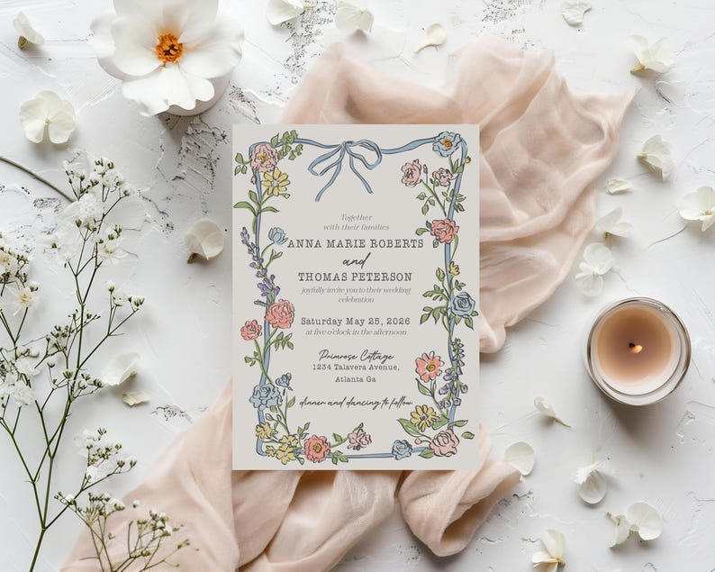 Plantilla de invitación de boda para fiesta en el jardín de primavera, decoración floral pastel con el amor en flor, ramo de flores silvestres de verano coqueto WP1057 imagen 5