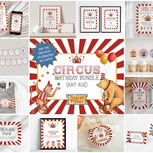 Zirkus Geburtstagsparty Bundle Vorlage, druckbare geschlechtsneutrale Karnevalsdekoration mit Zirkustieren, bearbeitbarer Sofort-Download