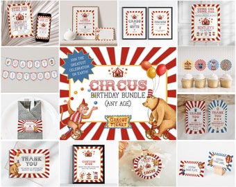 Circusthema verjaardagsfeestje bundelsjabloon, afdrukbare genderneutrale carnavalsdecoraties met circusdieren, direct bewerkbaar, WP3021