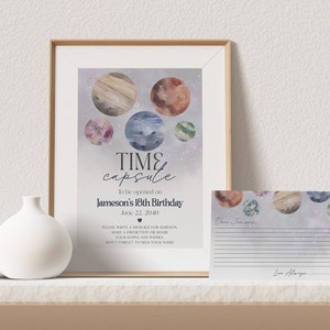 Outer Space Time Capsule Druckbare Vorlage für erste Geburtstagsparty, Mond Planeten Baby Shower, Astronaut Rakete Weltraum Geburtstag Download