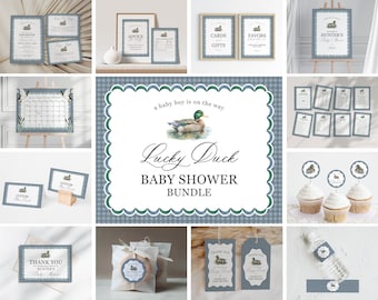 Mallard Baby Shower Bundle Printable, Editable Lucky Duck Baby Shower Decor for Boy, Adventure Duck Hunting Shower with Blue Gingham, WP3015