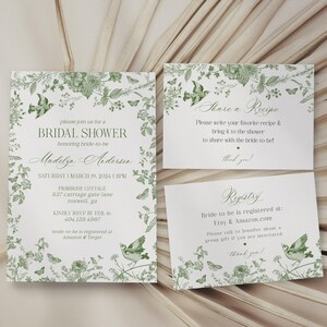 Plantilla de invitación para despedida de soltera en Toile de Jouy verde, estilo chinoiserie verde oliva, boda francesa, brunch nupcial con flores silvestres salvia WP1007