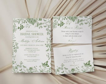Green Toile De Jouy Bridal Shower Invitation Bundle Template, Olive Chinoiserie French Theme Wedding Sage Wildflower Bridal Brunch WP1007