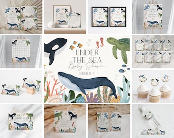 May include: An assortment of "Under the Sea" themed baby shower decorations. The collection includes invitations, signs, cupcake toppers, and water bottle labels. The designs feature whales, sea turtles, and coral in shades of blue, green, and orange.
