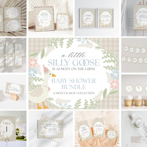 Beige Floral Silly Goose Baby Shower Bundle Printable Template, Little Duck Theme Shower Girl, Pastel Floral Gingham Baby Sprinkle WP1025