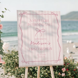 Plantilla de letrero de bienvenida de cumpleaños con lazo rosa coqueto, fiesta de primer cumpleaños con temática Grandmillennial en rosa pastel y lazos dibujados a mano WP1060