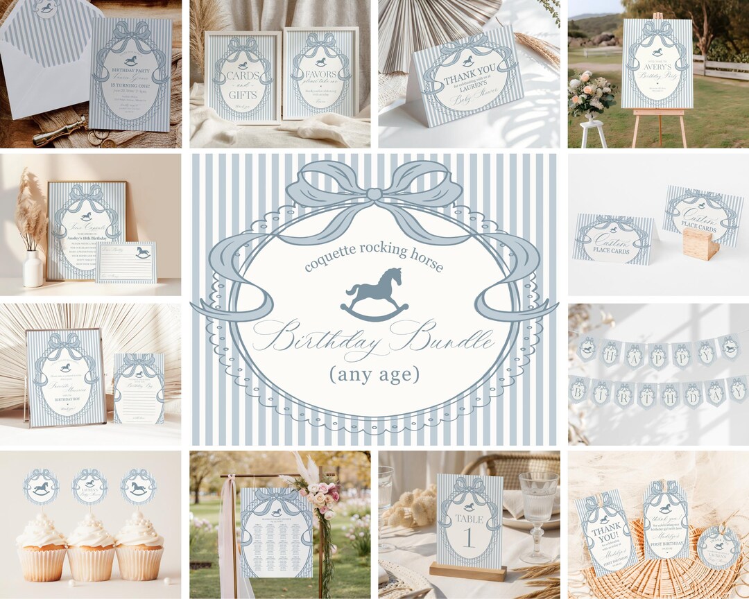 Blue Coquette Bow Rocking Horse Birthday Bundle Printable Template ...