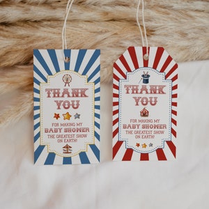 Modèle imprimable d'étiquettes de faveur de baby shower de cirque, baby shower de carnaval neutre entre les sexes pour garçon, téléchargement immédiat Merci tag animaux de cirque