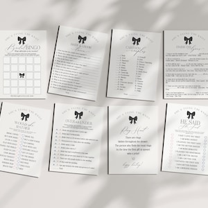 Black Bow Bridal Shower Games Set Printable Template, preppy coquette bow wedding fancy southern bridal brunch shes tying the knot WP1003