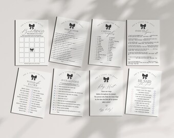 May include: A collection of eight white cards with black text and bow tie graphics. The cards feature various bridal shower games, including Bingo, Bride & Groom Trivia, and Ring Hunt. The text includes "She's Tying the Knot".