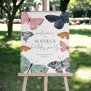 May include: Welcome to Sophia's birthday party sign with a white background and colorful butterfly illustrations. The text reads "Welcome to Sophia's birthday party" with the date and location below.