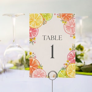 Citrusbloemen tafelnummer kaarten afdrukbare sjabloon, kust verjaardagsdecor voor zomer tropische baby- of vrijgezellenfeest, decor feest Florida