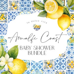 Amalfiküste Babyparty druckbare Bündel, Zitrone-Zitronen-Mittelmeer-Dekor mit blauen Fliesen, italienisches Thema toskanische Strandparty, Küstenbaby