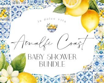 Amalfi Coast Baby Shower Printable Bundle, Lemon Citrus Mediterranean decor with blue tiles, Italian theme tuscan beach party, WP3016