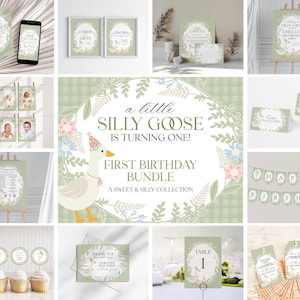 Green Floral Silly Goose First Birthday Bundle Printable Template, Little Duck Theme 1st Birthday Girl, Pastel Gingham Birthday WP1024