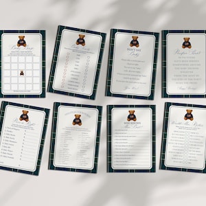 Modello di giochi per baby shower a tema orsetto preppy, Baby Sprinkle a tema "We Can Bearly Wait" (Non vediamo l'ora) con i soldi di una volta, Nesting Party a tema tartan e polo WP1079