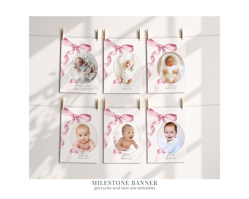 Pink Bow First Birthday Bundle Printable Template, Watercolor Preppy ...