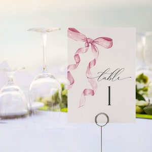 Modèle imprimable de cartes numéro de Table noeud rose, aquarelle coquette BCBG à thème noeud pour fantaisie fille du Sud arc grand-millénaire wp1016