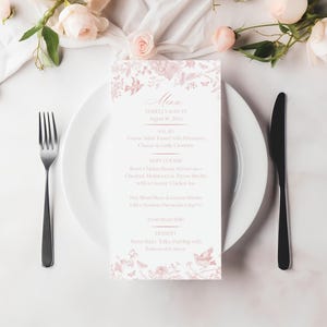 Modèle de Menu de mariage imprimable toile de Jouy rose, fleurs sauvages chinoiseries brunch de la mariée mariage floral Français, l'amour est en fleurs WP1011