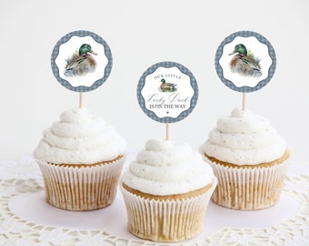 Mallard Baby Shower Cupcake Toppers Printable Template, Editable Lucky Duck Baby Shower Decor for Boy, Adventure Shower with Blue, WP3015
