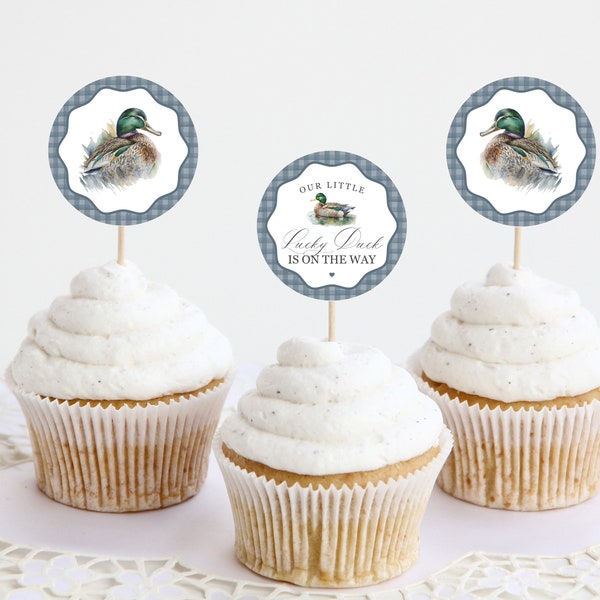 Mallard Baby Shower Cupcake Toppers Printable Template, Editable Lucky Duck Baby Shower Decor for Boy, Adventure Shower with Blue Gingham