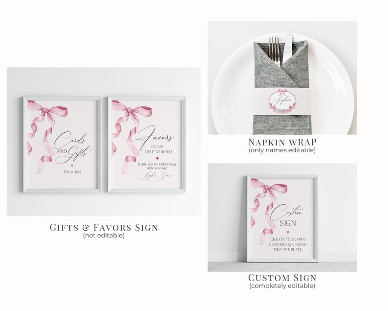 Pink Bow Birthday Bundle Printable Template, Watercolor Preppy Coquette ...