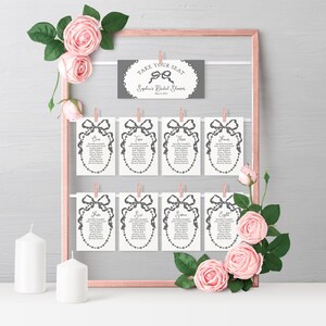 Modèle imprimable de cartes de table de table de mariage perle sur le thème Français, brunch fantaisiste avec noeud noir avec ruban et brunch de mariée mousseux déco WP1002