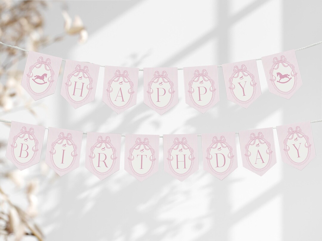 Pink Coquette Bow Rocking Horse Birthday Banner Template, Preppy ...